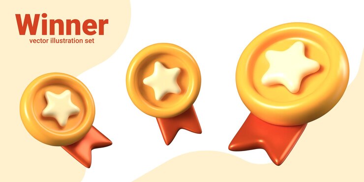 Vector medalla de oro redonda con estrella y cinta roseta festiva en diferentes posiciones