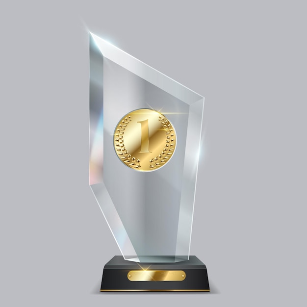 Medalla de oro en trofeo de vidrio Ilustración vectorial realista