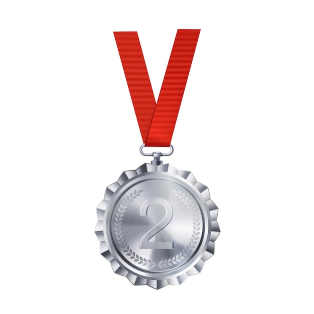 Medalla de plata realista en cinta roja con grabado número dos Premios de competición deportiva por segundo lugar Premio de campeonato por logros y victoria
