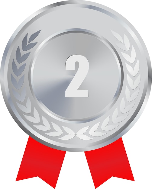 Medalla de plata realista con cinta roja Vector 2o Premio de plata 2o Premio del desafío de plata Medalla de cinta roja ganador del premio Trofeo de primer lugar Ganador de la moneda de plata