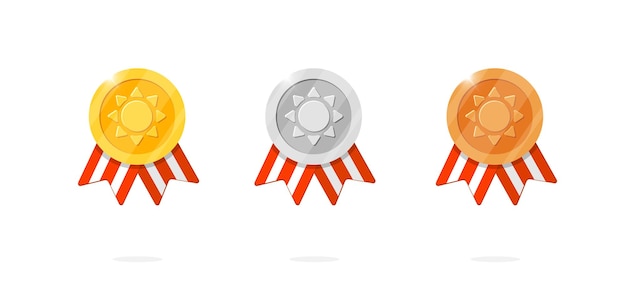 Medalla de premio por logros de juego con icono con símbolo del sol y cinta de rayas rojas