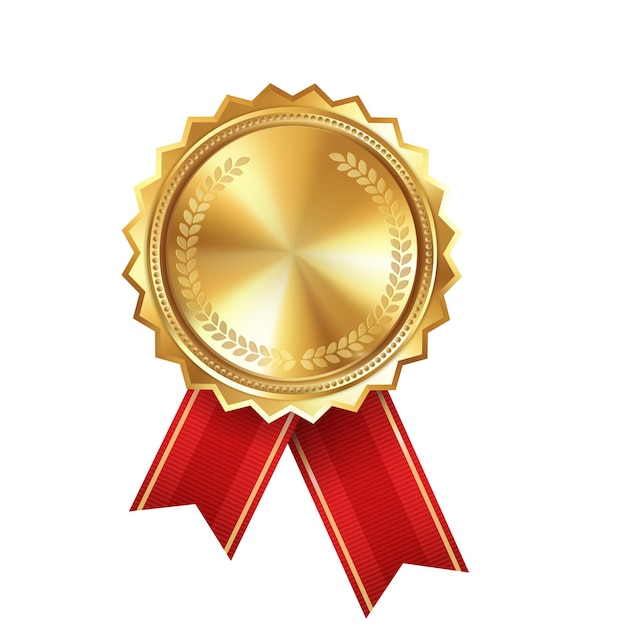 Vector medalla de premio de oro vacía realista brillante con rosetas de cinta roja sobre fondo blanco símbolo de ganadores y logros