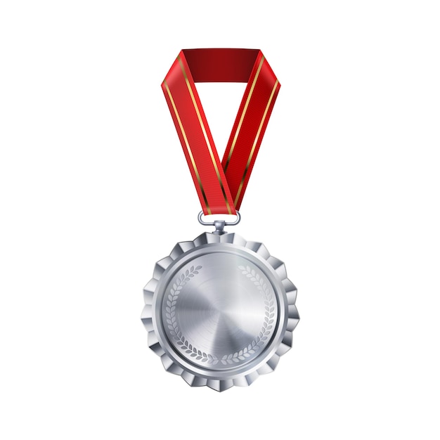 Medalla vacía de plata realista en cinta roja Premios de competición deportiva por segundo lugar Premio de campeonato por victorias y logros