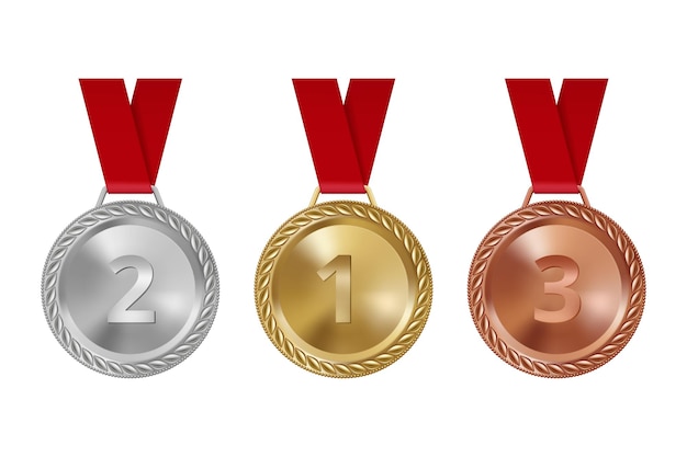 Medallas deportivas Conjunto de premios de plata dorada de bronce en cintas rojas premios de desafío de logro brillante conjunto de vector decente aislado