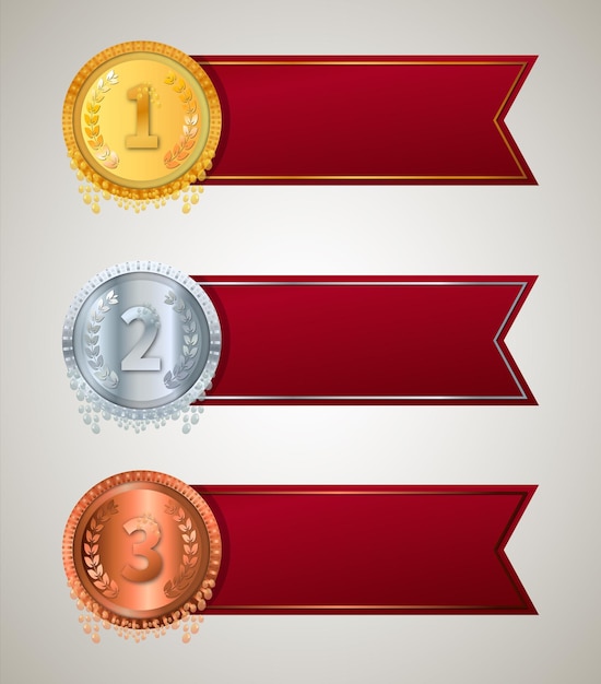 Medallas de oro, plata y bronce para los ganadores Un conjunto de medallas para el primer, segundo y tercer lugar