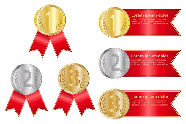 Medallas de premio con cintas rojasMedallas de plata y bronce de oro Medallas para el primer segundo y tercer lugar