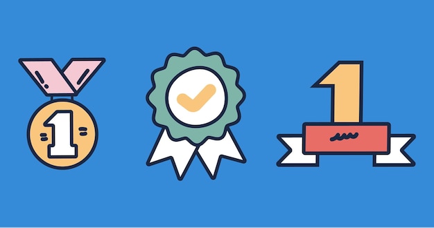 Medallas de premios línea contorno plano iconos conjunto de diseño gráfico vectorial elemento de ilustración