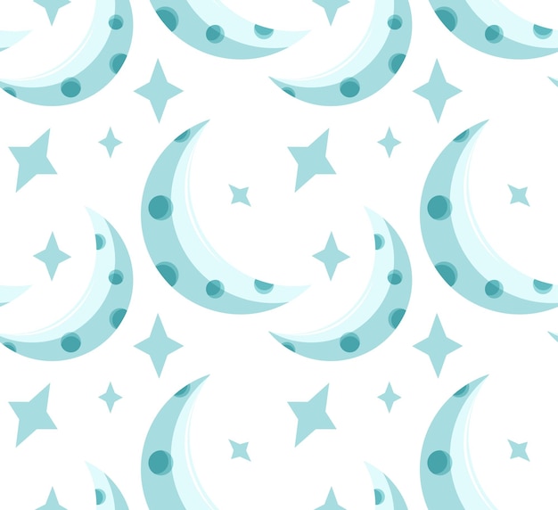 Una media luna azul con estrellas dibujadas en un estilo de dibujos animados patrón vectorial sin costuras