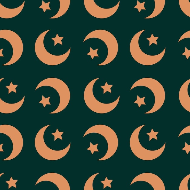 Media luna y estrella en fondo verde oscuro patrón sin costuras Ilustración vectorial para el diseño de papel de envoltura de tela para las vacaciones de Ramadán