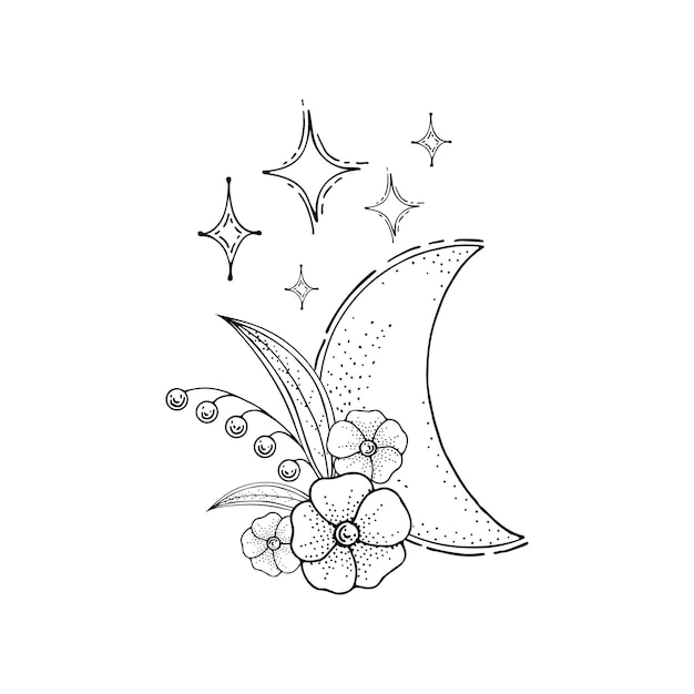 Media luna con flores Estrella de la luna bohemia Amuleto antiguo en estilo boho Ilustración vectorial dibujada a mano