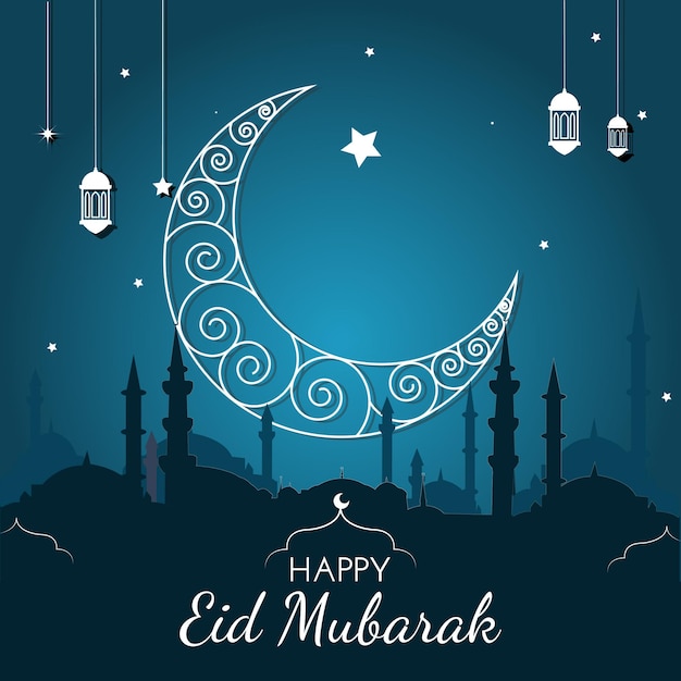 Vector media luna islámica con linternas y estrellas para el ramadán eid mubarak cartel de felicitaciones