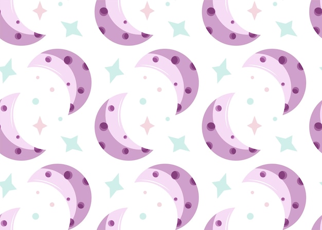 Media luna rosada con estrellas dibujadas al estilo de dibujos animados patrón vectorial sin costuras
