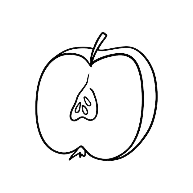 Media manzana con ingrediente de cosecha de fruta de hueso para comer coloración de dibujos animados de línea de garabato