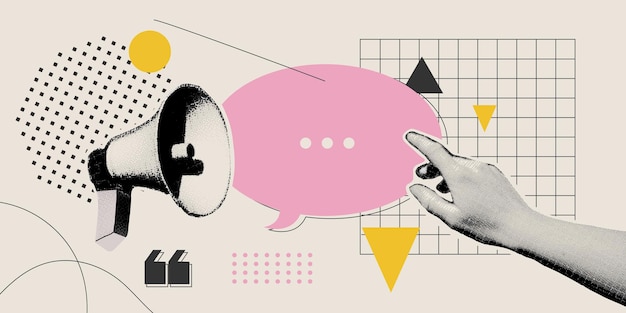 Media tonalidad ollage mano que muestra burbuja de habla megáfono cita promociones de noticias comunicaciones en las redes sociales