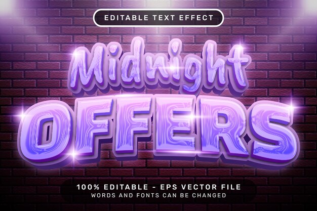 medianoche ofrece efecto de texto y efecto de texto editable con fondo de ladrillo estilo neón