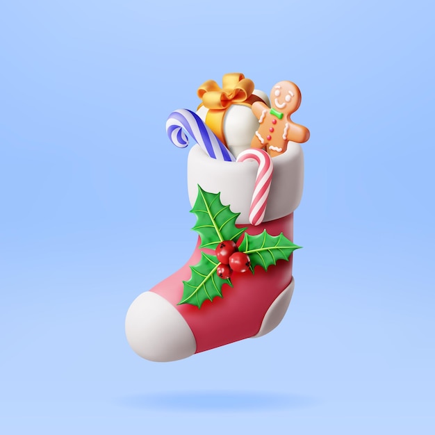 Medias de Navidad 3D Calcetín de renderizado aislado con caja de regalo de acebo Hombre de jengibre Bastón de caramelo Feliz año nuevo Decoración Feliz Navidad Vacaciones Año nuevo y celebración de Navidad Ilustración vectorial