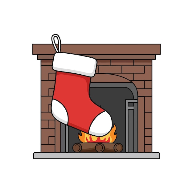 Medias de Navidad colgando en la chimenea de ladrillo con ilustración vectorial de fuego ardiente en colores rojos y blancos para la decoración de las vacaciones de invierno