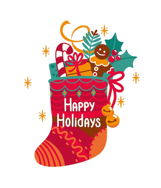 Medias de Navidad con regalos Frases cortas felices vacaciones Banderas vectoriales