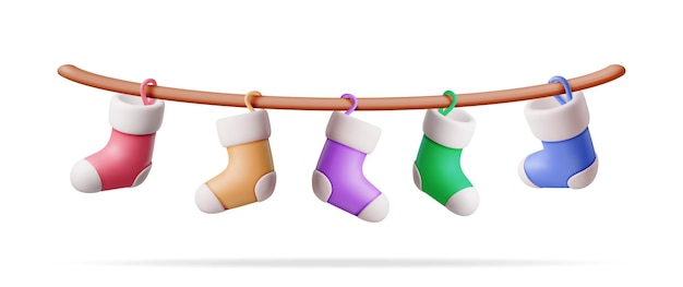 Medias navideñas 3D en calcetín de color de cuerda Representación aislada Calcetines de tela navideña Decoraciones navideñas colgantes para regalos Celebración de Navidad y año nuevo Ilustración vectorial realista