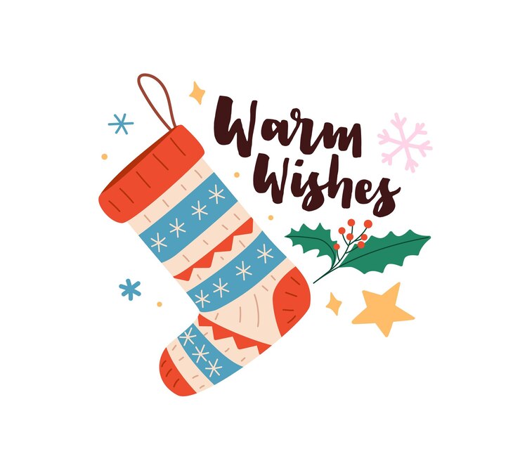 Vector medias de papá noel para regalos presenta calcetín de año nuevo adornado para la decoración de vacaciones de invierno frase de letras con felicitación en la pegatina de navidad ilustración vectorial aislada plana sobre fondo blanco