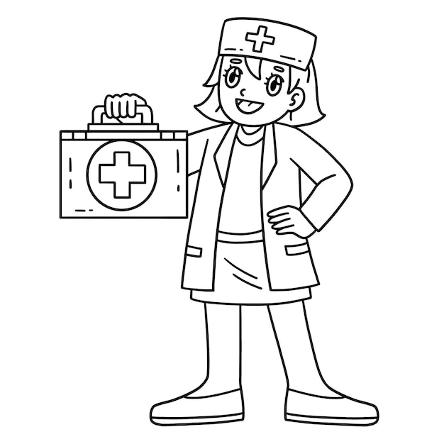 Médica con botiquín de primeros auxilios con colorante aislado