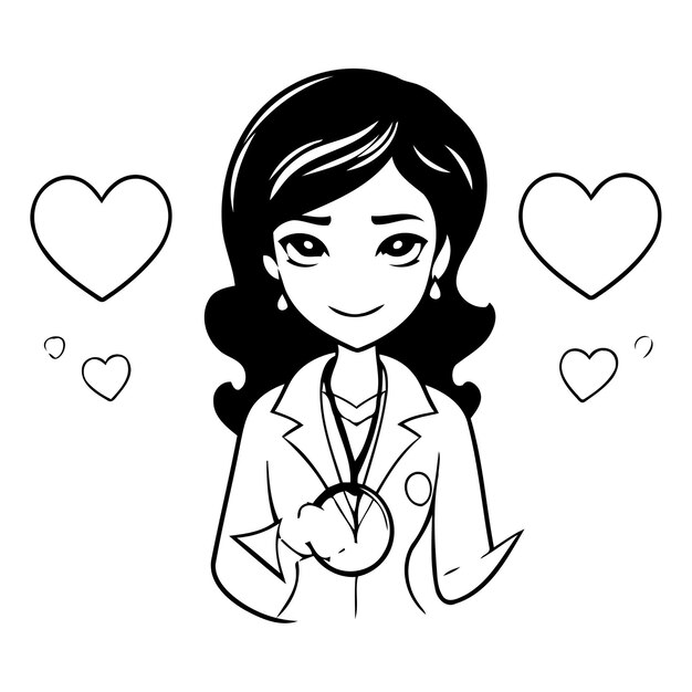 Médica con estetoscopio y corazones alrededor Ilustración vectorial