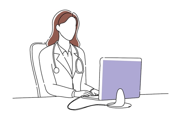 Médica explicando mientras opera un ordenador dibujando una ilustración vectorial de arte de línea continua
