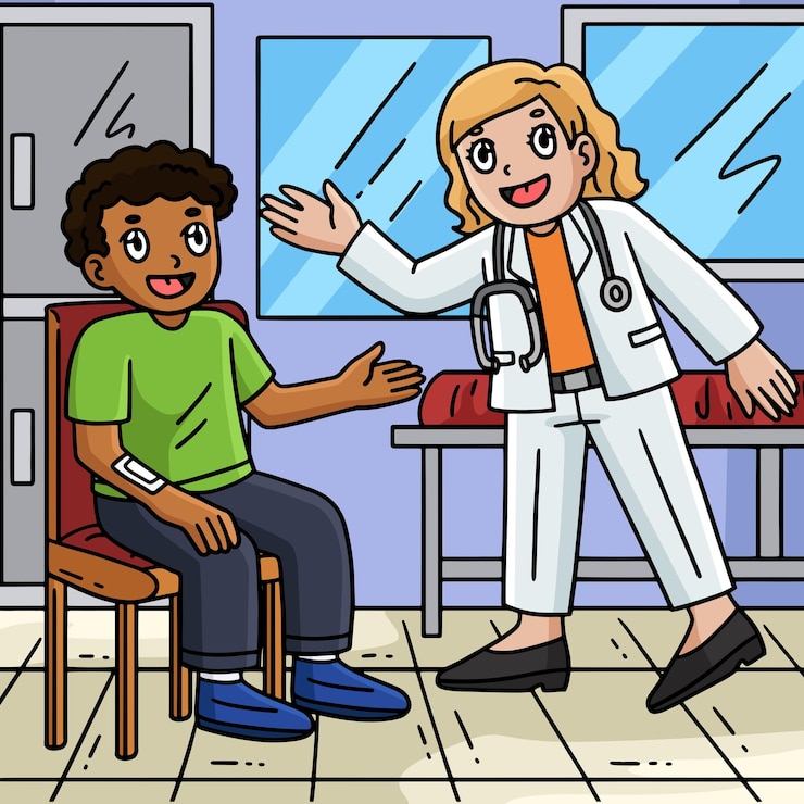 Vector médica hablando con un paciente dibujos animados a color