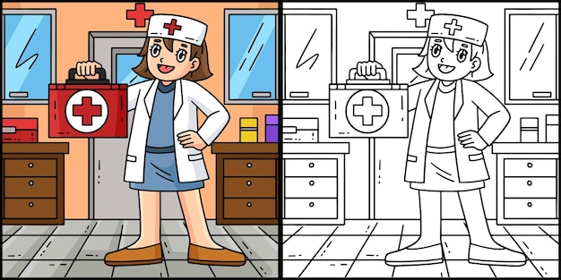 Médica con una ilustración del botiquín de primeros auxilios