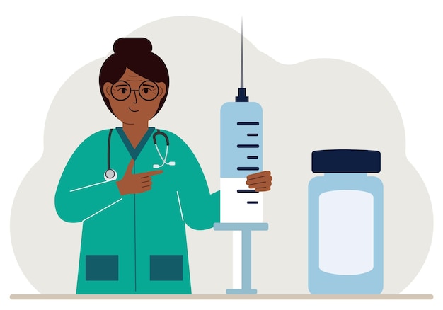 Médica con una jeringa y una ampolla grandes