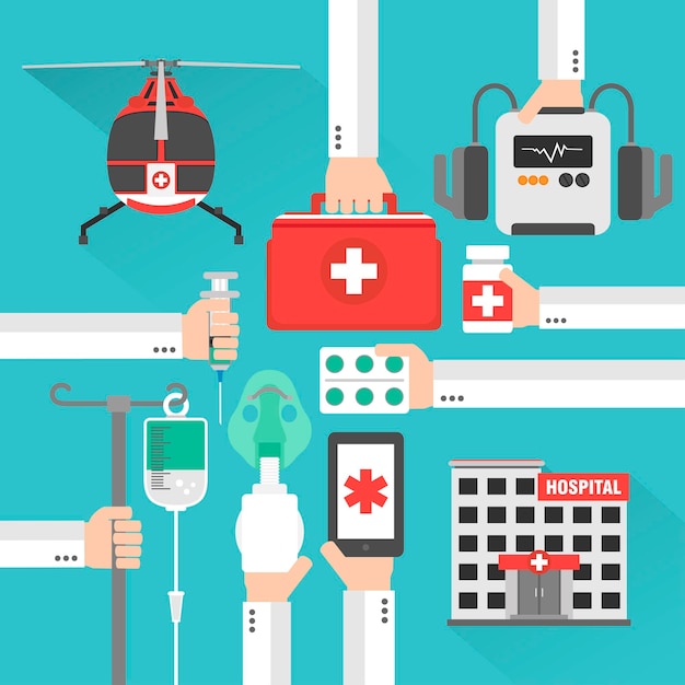 Medical helicopterhospital tarjeta de diseño plano con mano ilustración vectorial