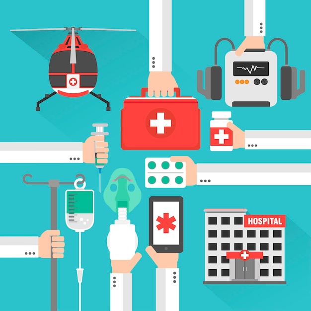 Vector medical helicopterhospital tarjeta de diseño plano con mano ilustración vectorial