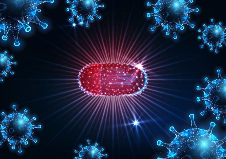 Vector medicamento antiviral futurista contra la enfermedad viral de coronavirus sars-cov2 covid-19