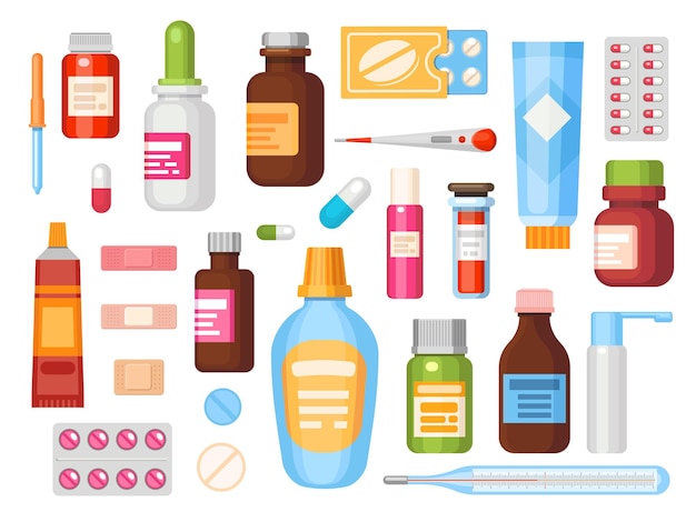 Vector medicamento plano en botellas, píldoras, cápsulas y tabletas. envases de medicamentos, ungüentos, vitaminas y antibióticos. conjunto de vectores de farmacia