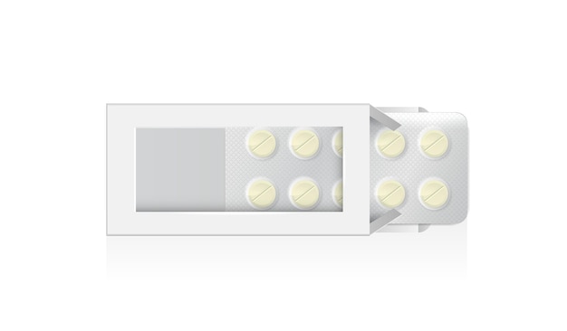 Medicamentos en caja blanca abierta maqueta realista del paquete de farmacia pastillas y tabletas redondas y ovaladas en envases de cartón en blanco plantilla de medicamentos envolviendo diseño vectorial