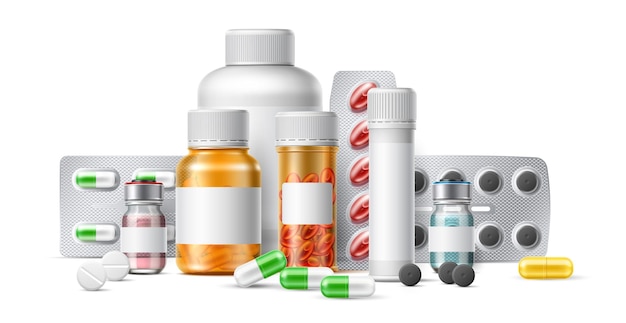 Medicamentos realistas blísteres de papel de aluminio y botellas de plástico ampolla con medicamentos recetados tabletas y antibióticos paquete de remedio diferente vitaminas y analgésicos concepto vectorial