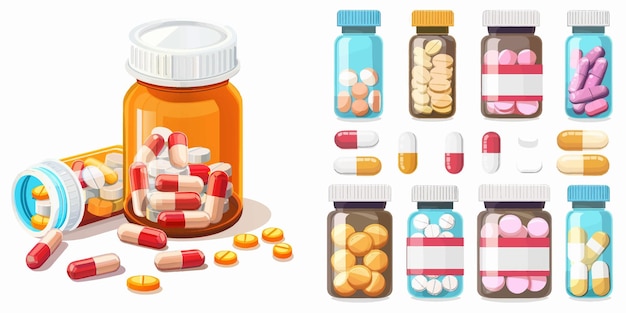 Vector medicamentos recetados cápsulas de vitaminas analgésicos tienda de salud ilustración vectorial aislada