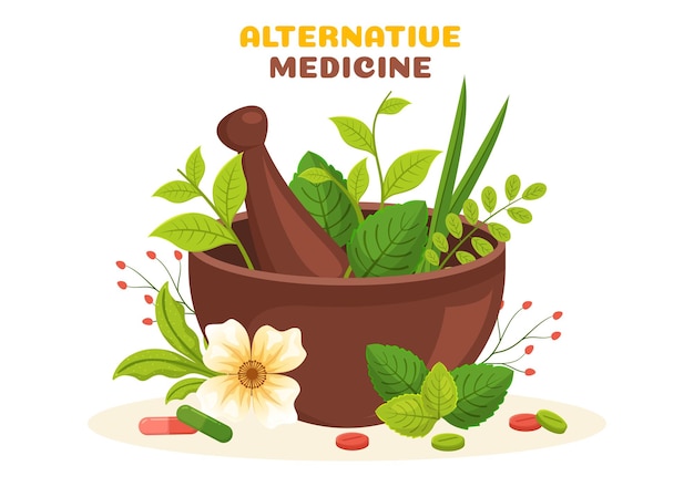 Vector medicina alternativa o cura herbal de terapias energéticas con raíz de ginseng y semillas en la ilustración