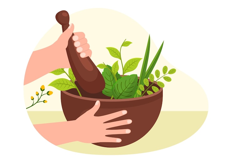 Vector medicina alternativa o cura herbal de terapias energéticas con raíz de ginseng y semillas en la ilustración