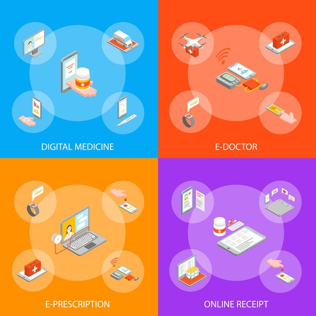 Medicina digital 3d Banner Set Vista isométrica Gadget y dispositivo para control Diagnóstico y atención médica Ilustración vectorial