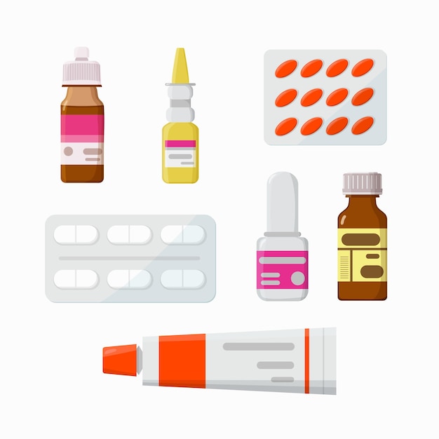 Medicina farmacia hospital conjunto de medicamentos Píldoras cápsulas vitaminas tintura garganta spray Vector