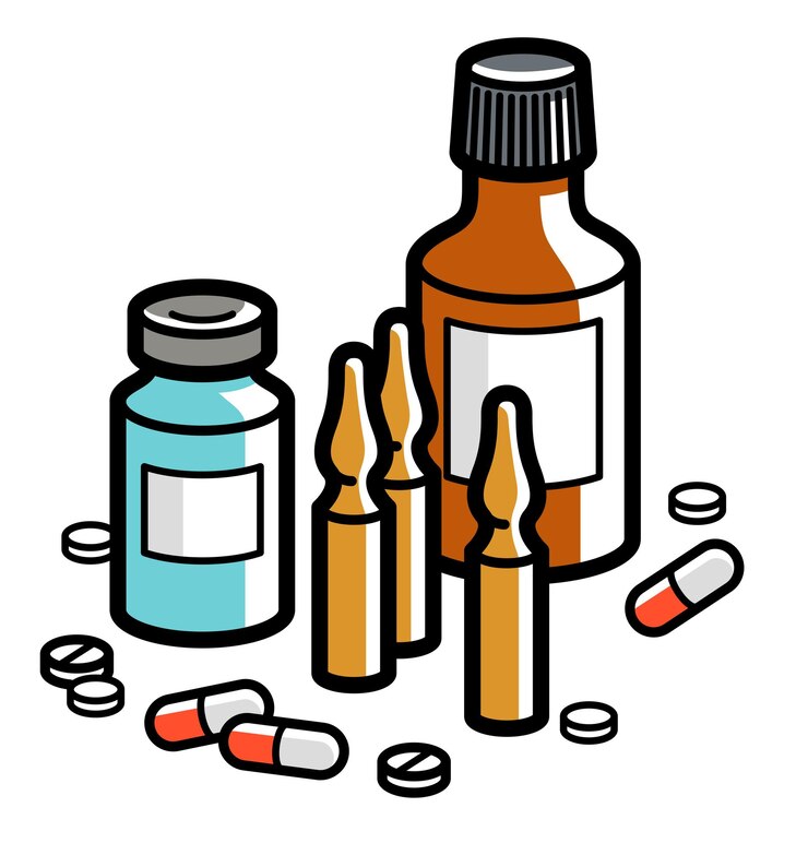 Vector medicina farmacia tema botellas médicas pastillas y ampollas ilustración vectorial 3d medicamentos y medicamentos aislados medicamentos de atención médica vitaminas o antibióticos de dibujos animados diseño lineal simple