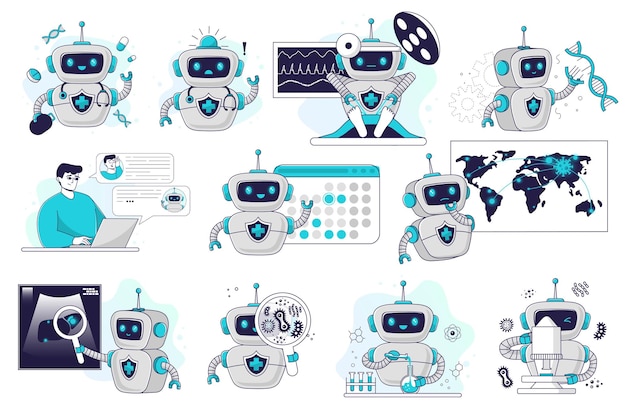 Medicina del futuro con concepto de asistente robótico de IA Prácticas modernas de atención médica Métodos innovadores de diagnóstico y tratamiento Telemedicina Pruebas de laboratorio cirugía Monitoreo de enfermedades