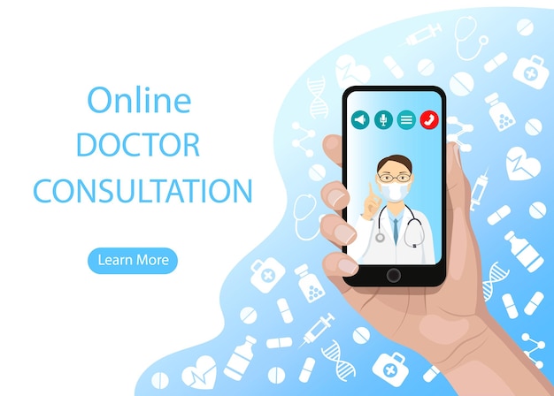Medicina móvil, consulta médica en línea. Mano que sostiene el teléfono inteligente con aplicación médica. Concepto gráfico de vector de diseño plano moderno para banners web, sitios web. vector