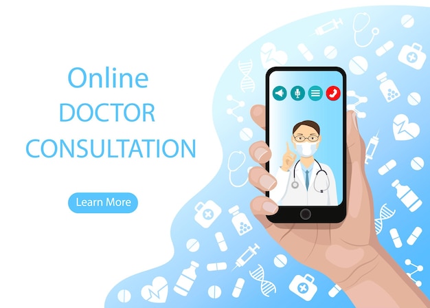 Vector medicina móvil, consulta médica en línea. mano que sostiene el teléfono inteligente con aplicación médica. concepto gráfico de vector de diseño plano moderno para banners web, sitios web. vector