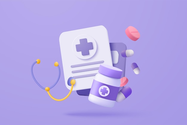 Medicina de primeros auxilios 3d con lista de verificación para productos farmacéuticos de salud Caricatura mínima de primeros auxilios y atención médica Símbolo médico de ayuda de emergencia 3d icono de medicamento de farmacia ilustración de representación vectorial