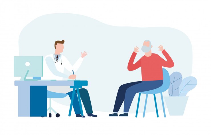 Vector medicina con psiquiatra médico y paciente anciano. médico practicante y paciente hombre senior en el consultorio médico del hospital. consulta y diagnóstico de salud mental. ilustración plana