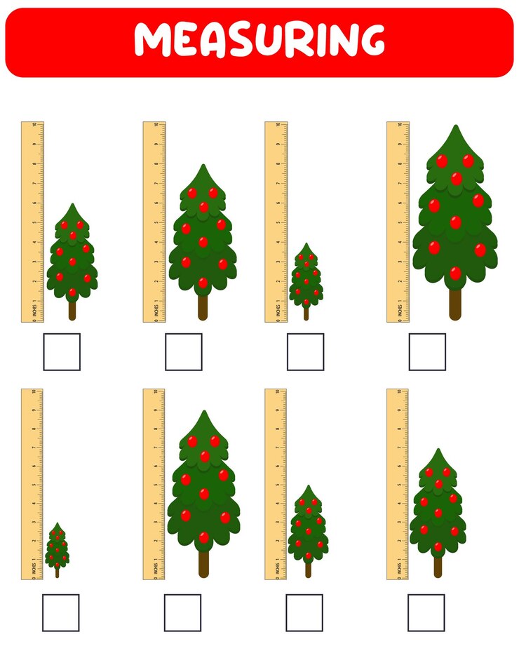 Vector medición de longitud con regla hoja de trabajo de desarrollo educativo medición del árbol de navidad en pulgadas