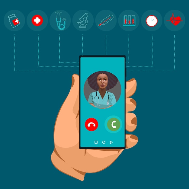 Vector el médico está al teléfono llame a un médico consulta médica en línea. análisis de laboratorio en línea