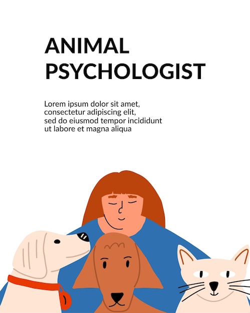 Médico con animales psicólogo diseño de volante para una clínica veterinaria ilustración vectorial en un estilo plano